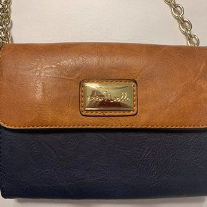 Navy and Tan Mini Bag with gold accent chain strap